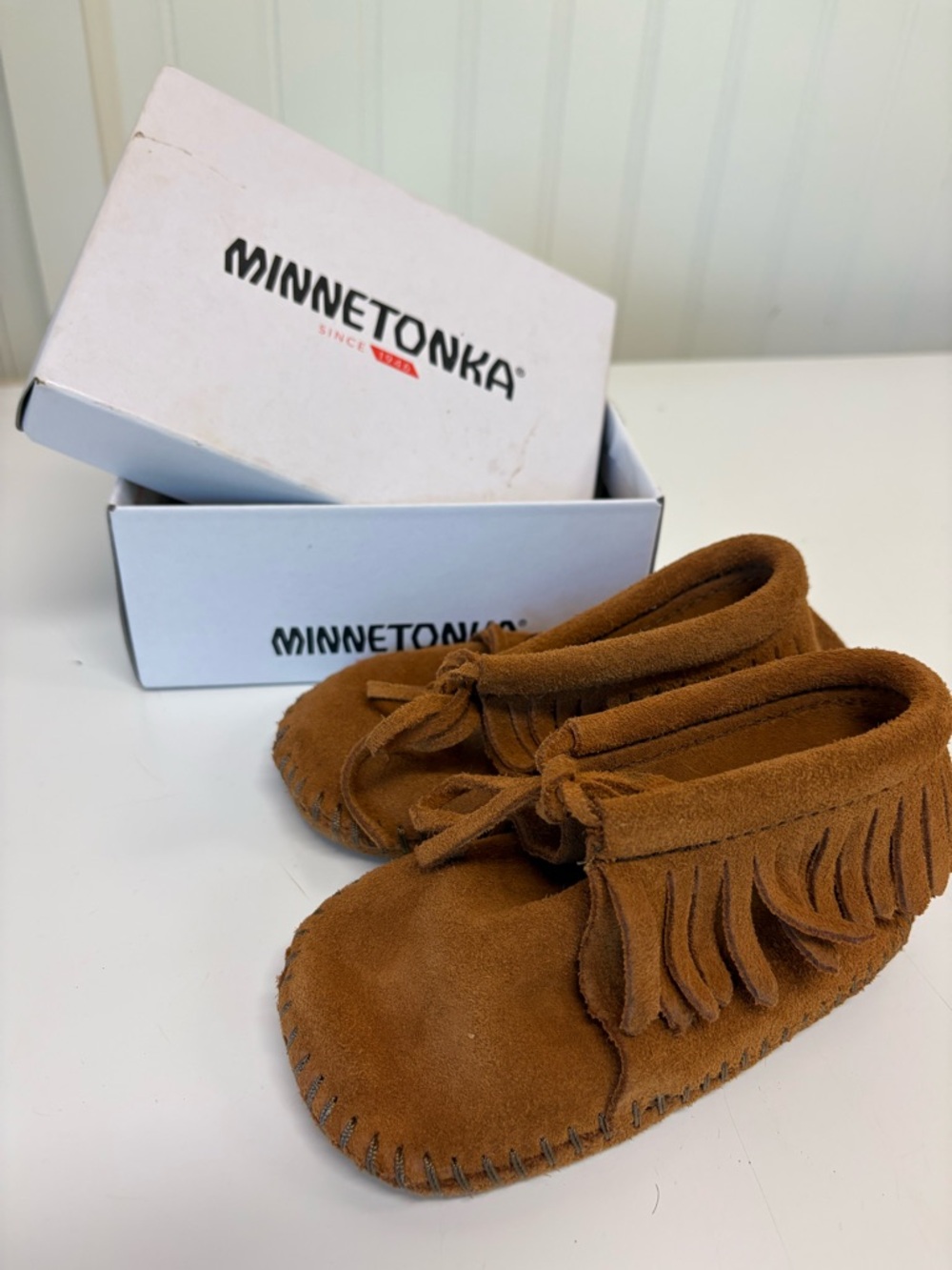 Minnetonka Kids Brown Suede Fringe Moccasins